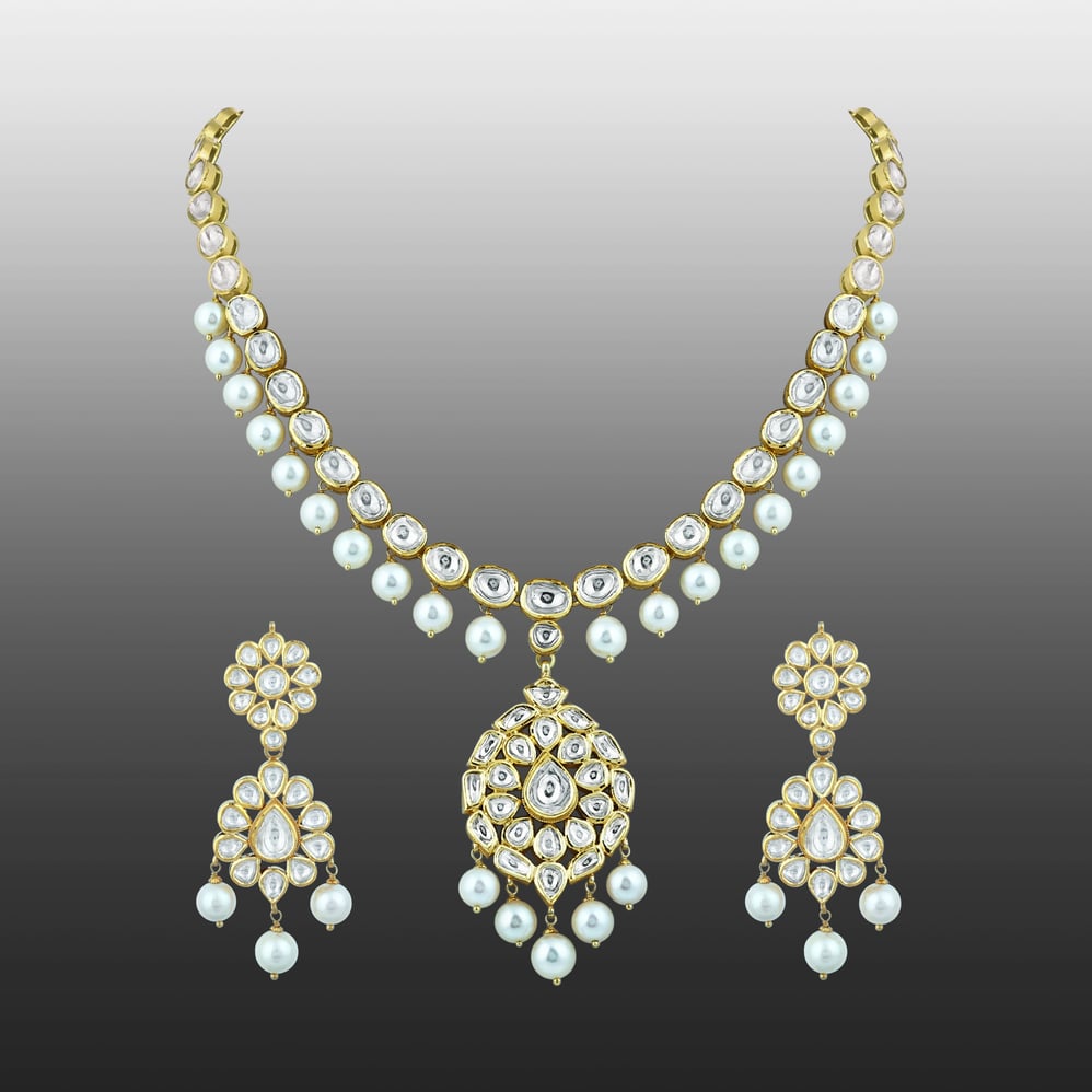 Linear Polki Necklace with Pendant and Pearl Drop